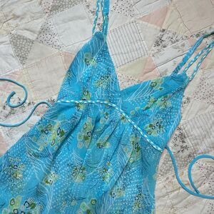 oscar de la renta vintage teal blue green floral sheer babydoll top size large